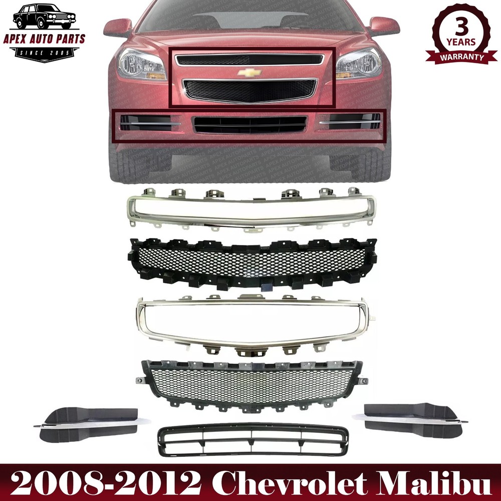 Front Bumper Grille Kit + Moldings + Fog Light Covers For 2008-2012 Chevy Malibu