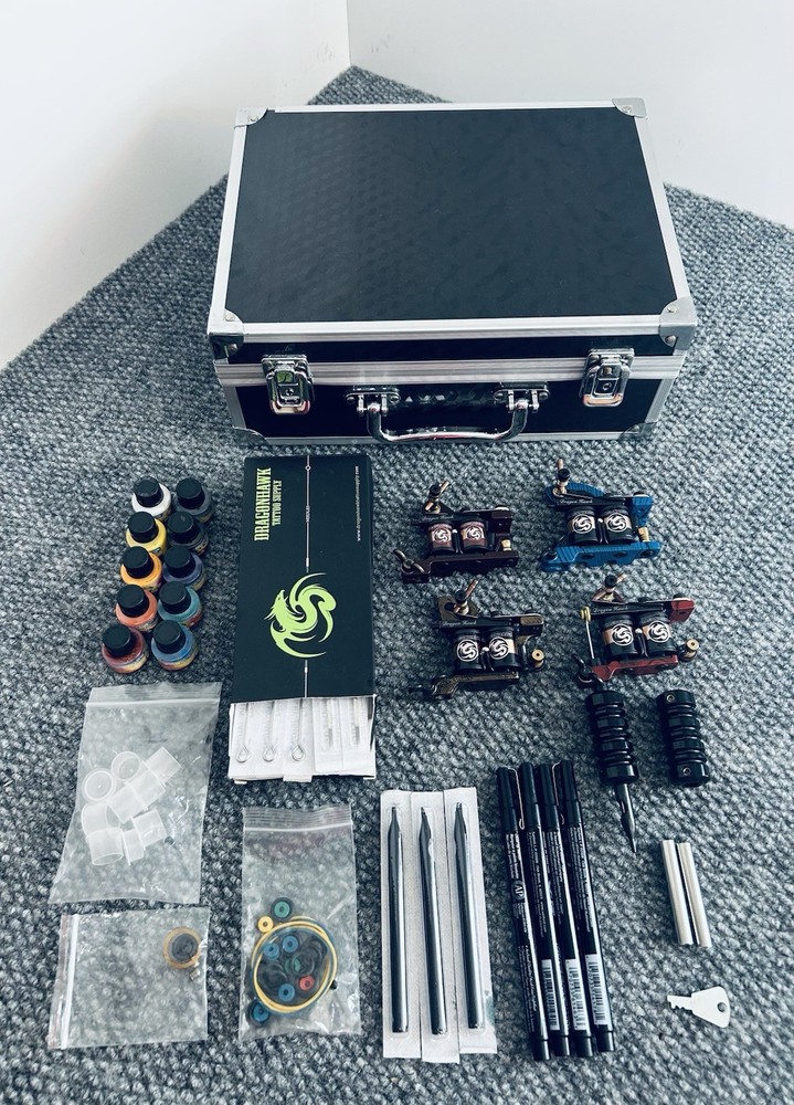 Dragon Hawk Tattoo Kit, Lock Box, (4) Tat Machines, NEW Power Supply & Access….