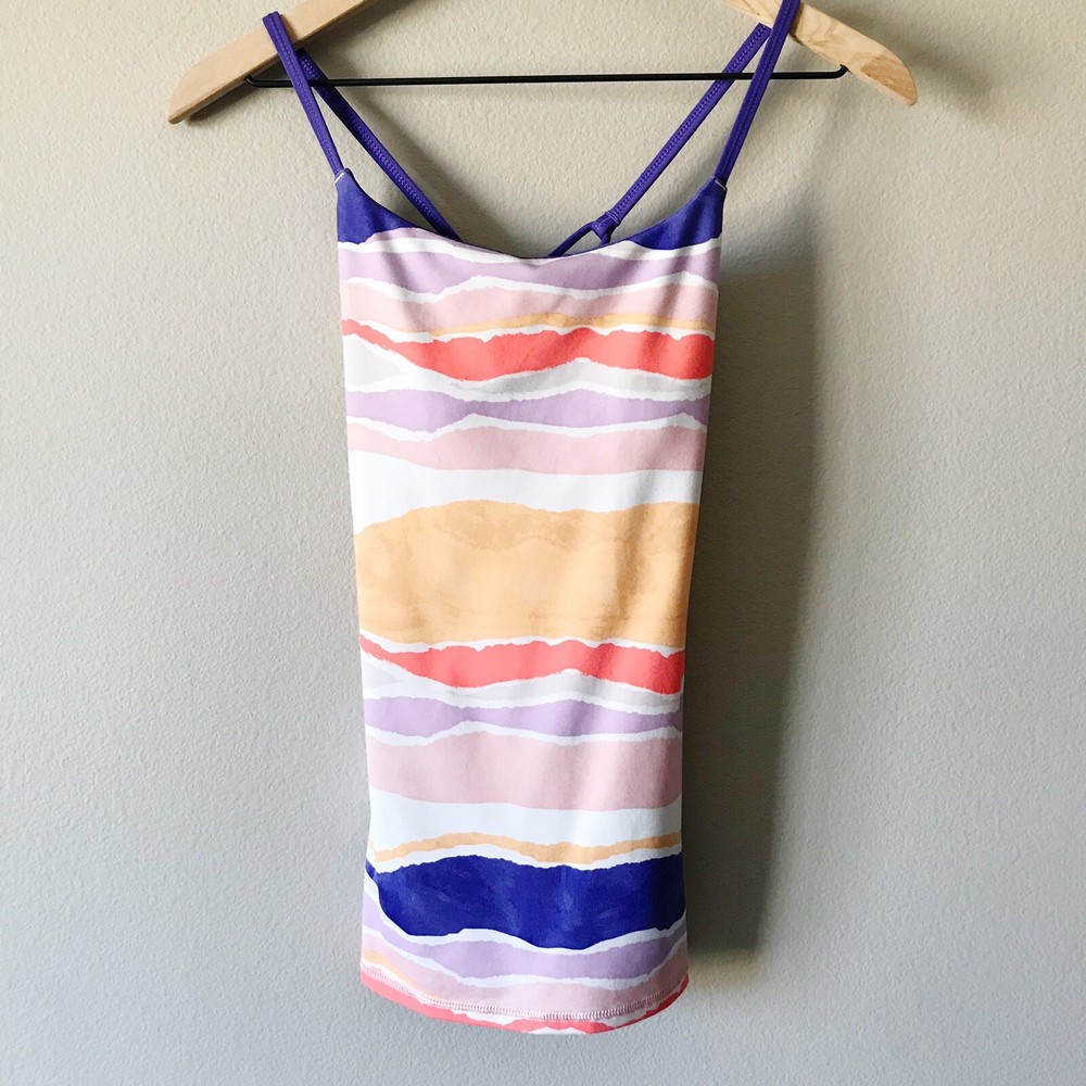 Lululemon Dancing Warrior Tank Bleacher Stripe White Iris Flower Sz 2 Yoga Dance
