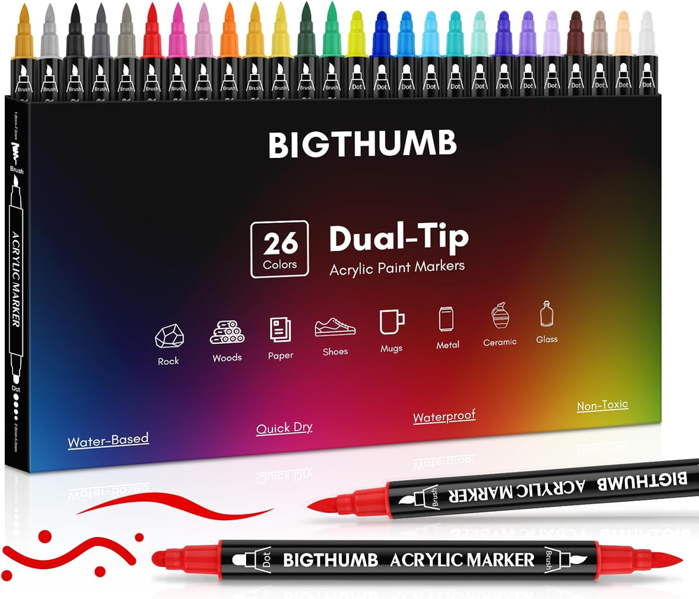 26 Colors Acrylic Paint Pens, Dual Tip Acrylic Paint Markers with Brush Tip and