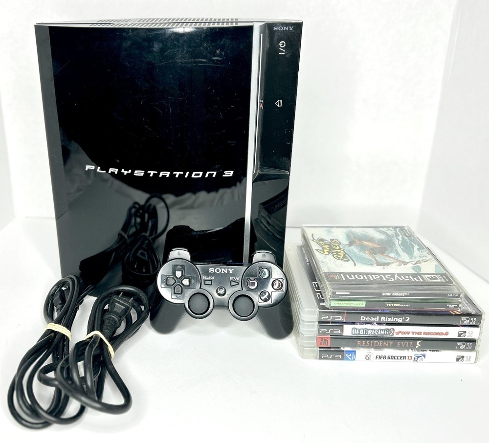 PS3 Fat Console Bundle with 6 Games Controller Cords PS1 Backwards Compatible
