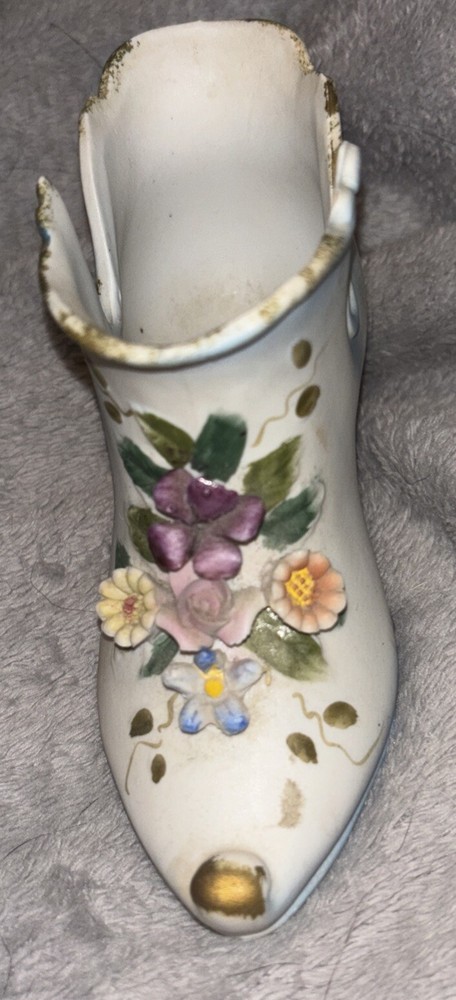 Victorian Porcelain Ladies Shoe Figurine with Applied Floral Details Vtg