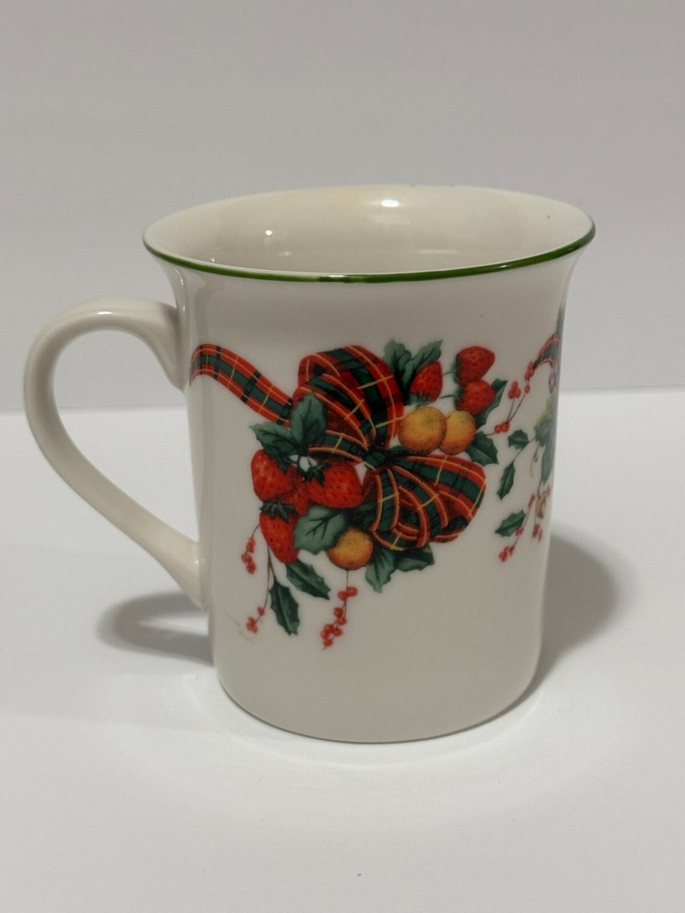 Stoneware Holiday Coffee Mug with Berries and Tartan Ribbon 4 1/8 Inch