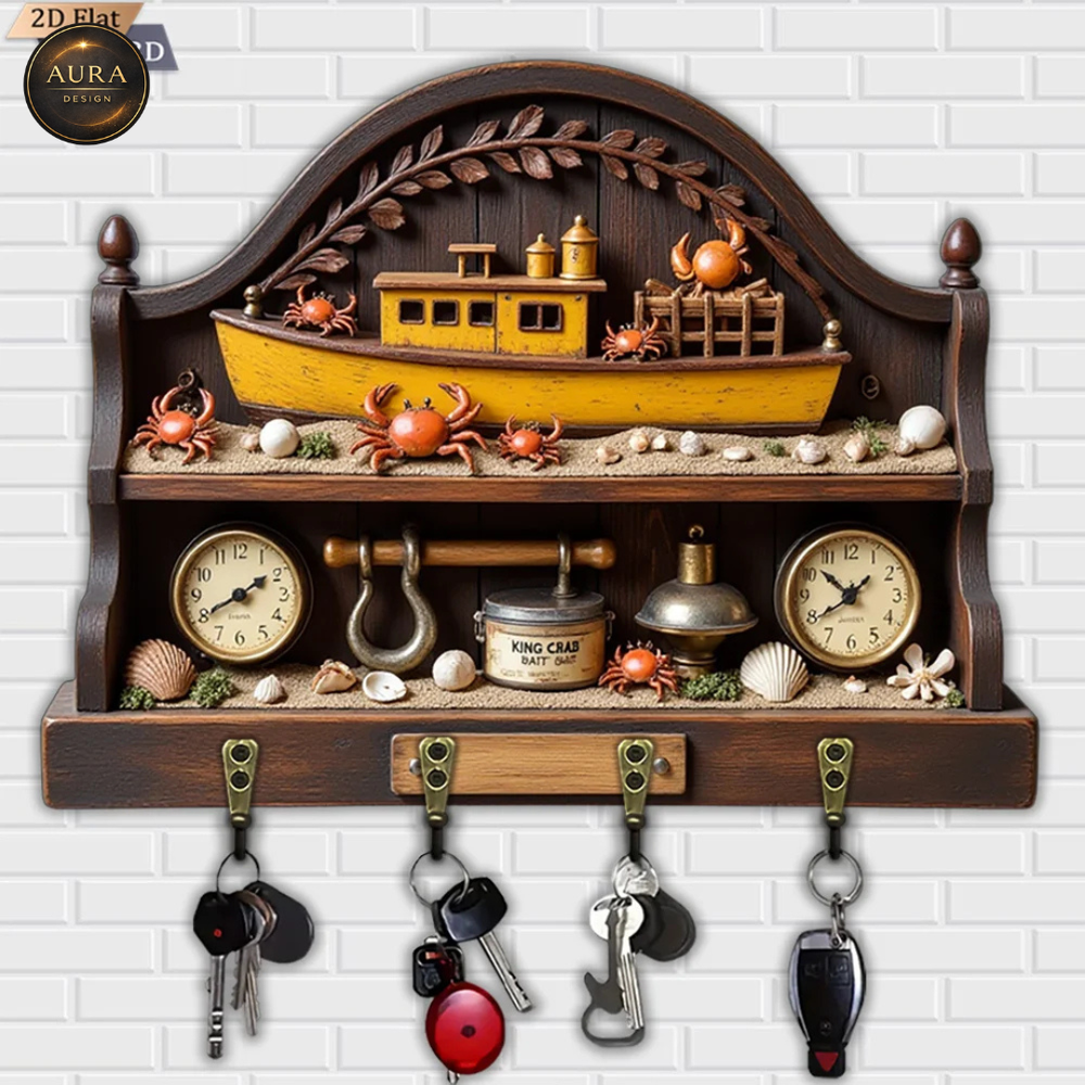 30cm Wall Key Holder – Vintage Ship Organizer 2D 4 Hooks Entrance