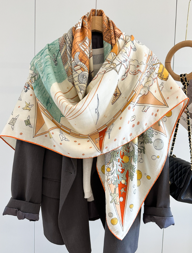 70% Cashmere & 30% Silk Wrap Scarf cruise ship Print Double Face Print Shawl 53