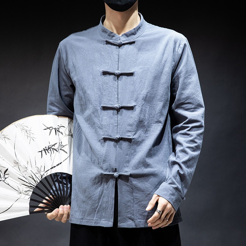 Men Frog Button Linen Cotton Shirt Chinese Tang Suit Top Kung Fu Tai Chi Jacket