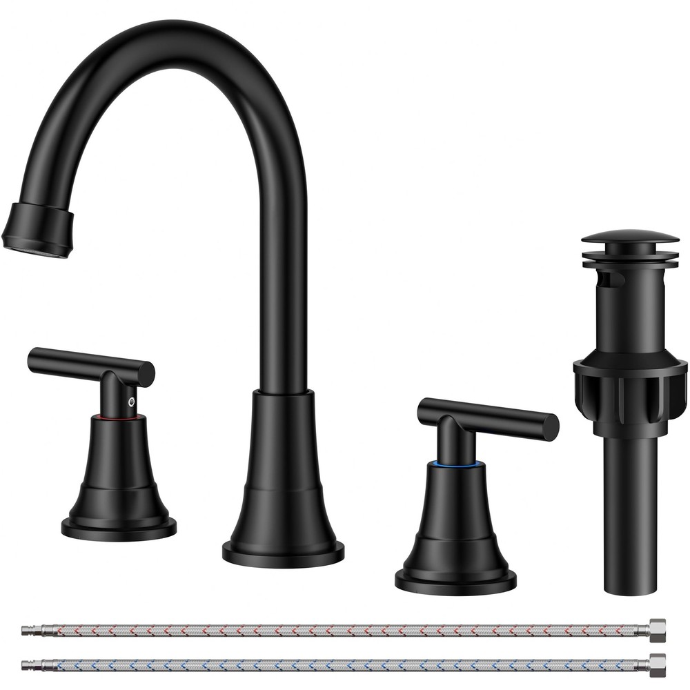 Black Bathroom Faucet 3 Hole Vanity, 2 Handle 360° Swivel Matte Black 8 Inch ...