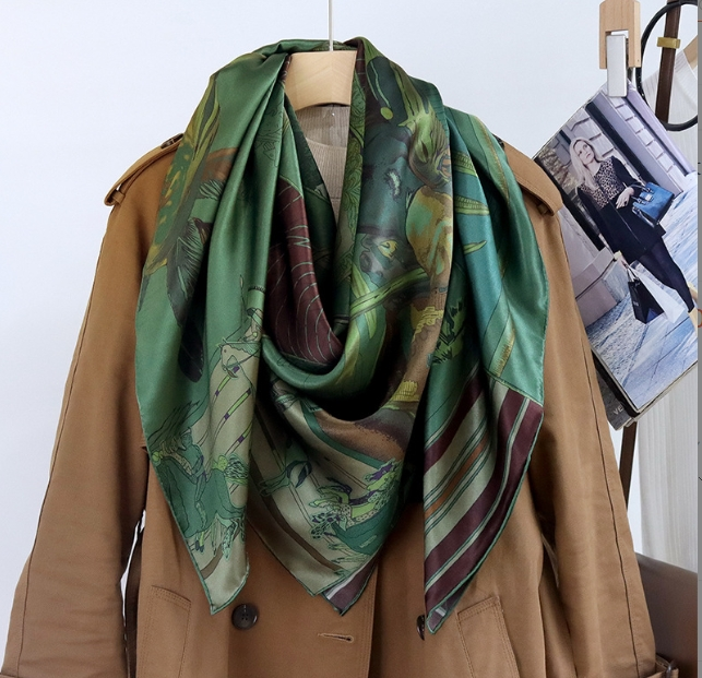100% mulberry silk green horse print square scarf shawl 140x140cm luxury accessory