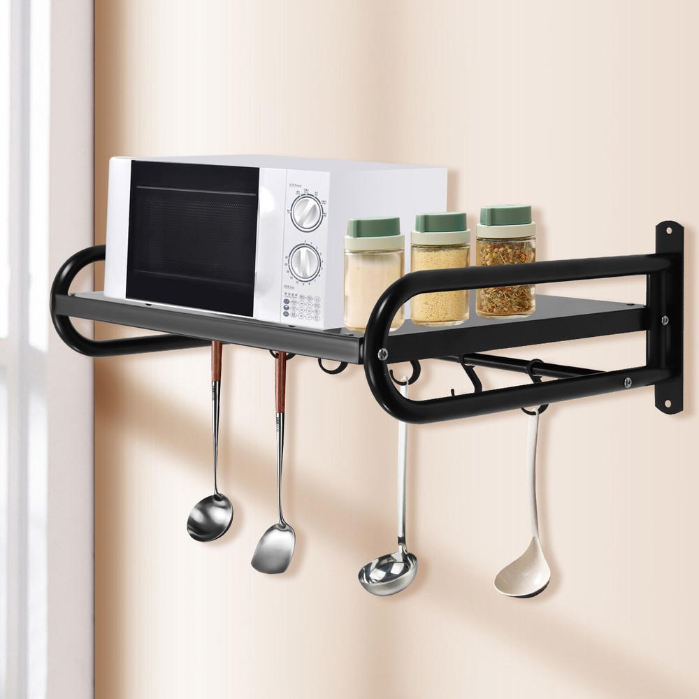 Kitchen Pan Pot Rack Wall Mounted Hanging Storage Organizer Shelf With 6 Hooks