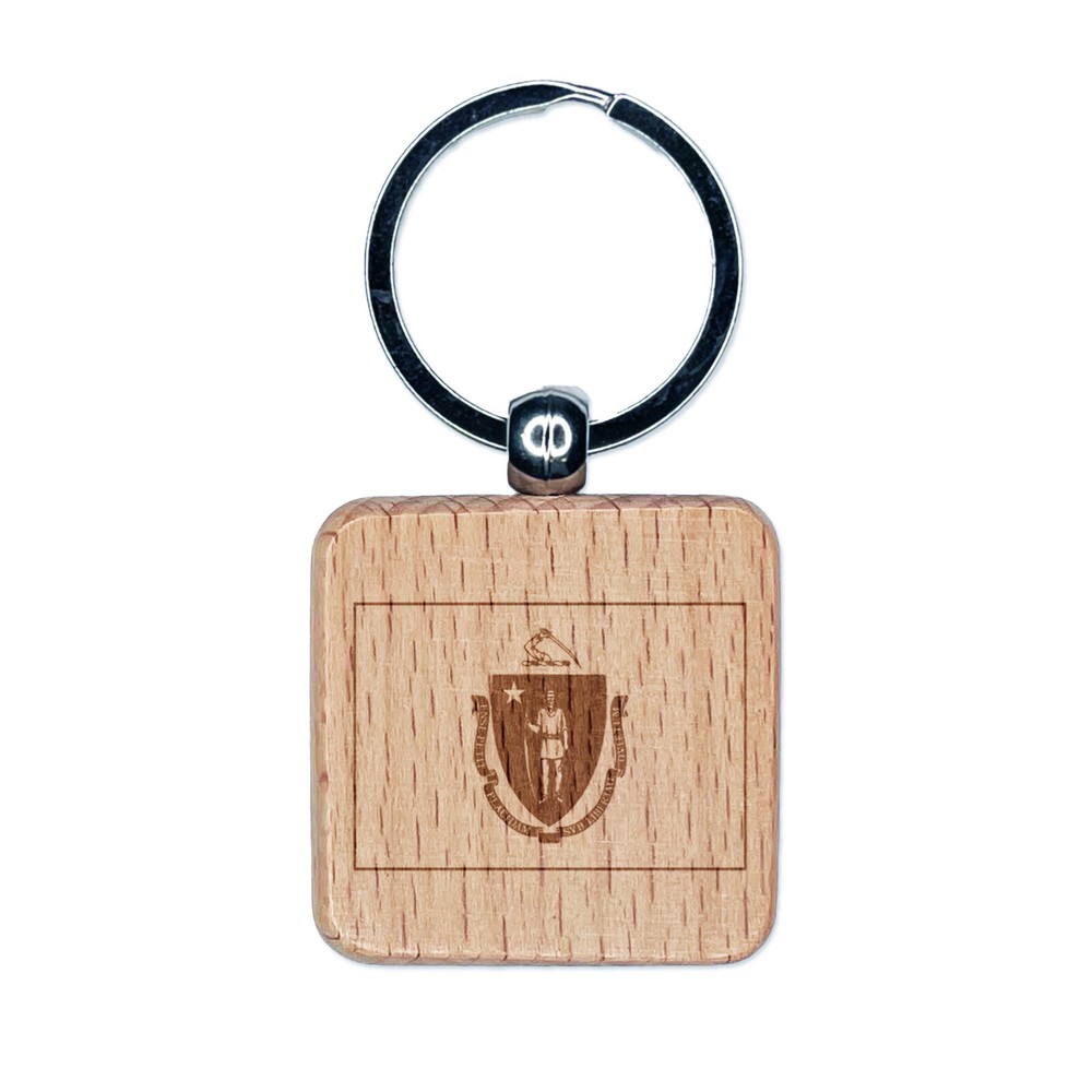Massachusetts State Flag Engraved Wood Square Keychain Tag Charm