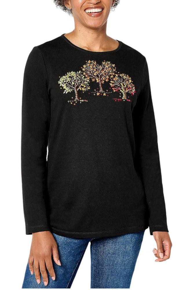 Quacker Factory Womens We Three Trees Long Sleeve Black Top