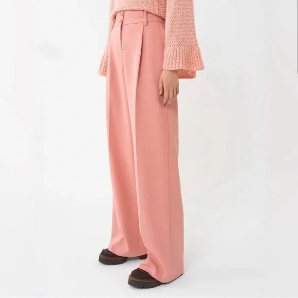 NWT Seeby Chloe Women's Muted Clay Cotton Wide Leg Pleated Trouser Pant Size 34