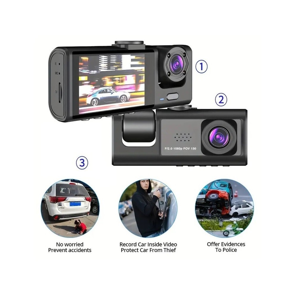HD 1080P Car Dual Lens Dash Cam Front/Rear/Inside Video with Free 32 GB SD Card