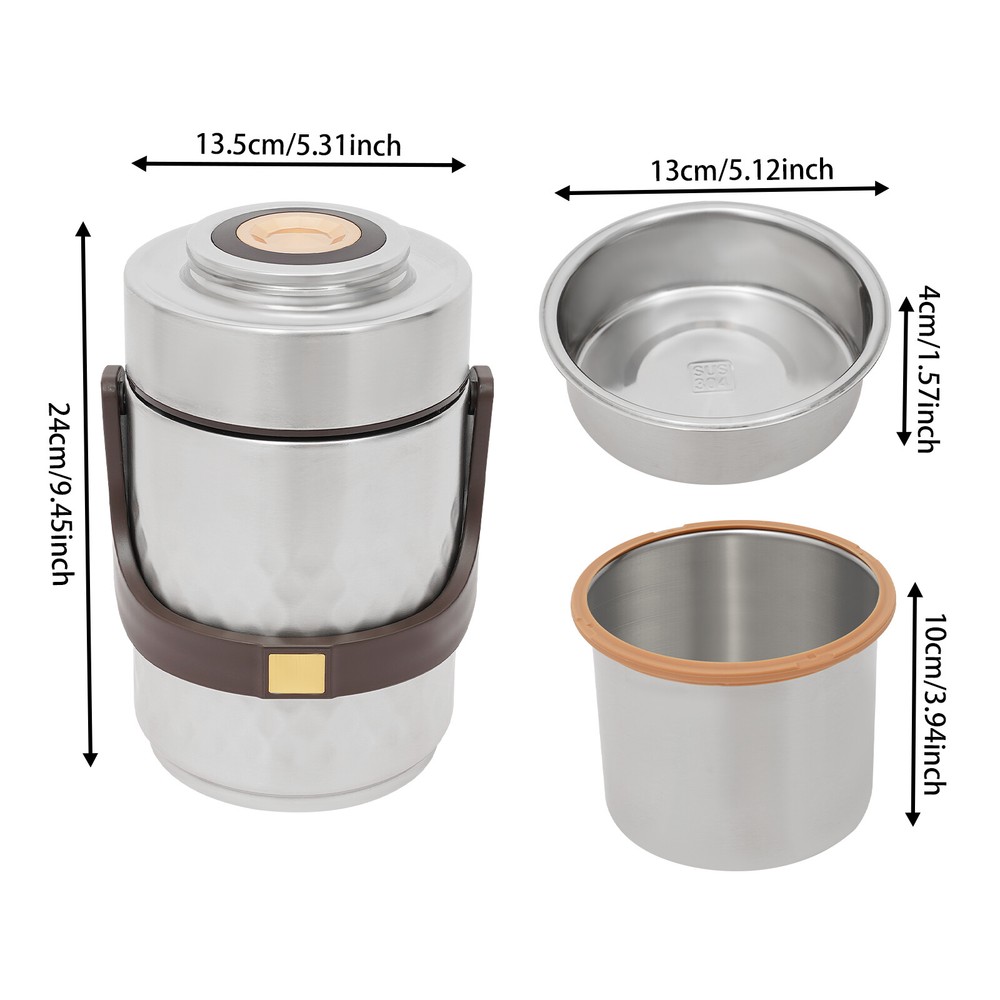 3-Tier Sealed Stackable Food Thermos Silver Insulated Thermal Lunch Box
