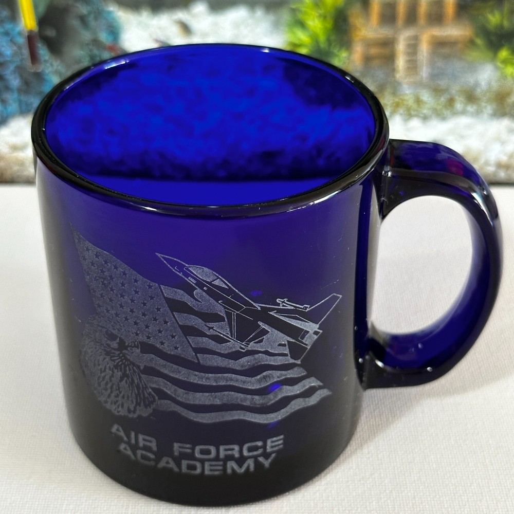 Cobalt Blue Glass Air Force Academy Mug Cup Libbey Made In USA Bling Letters