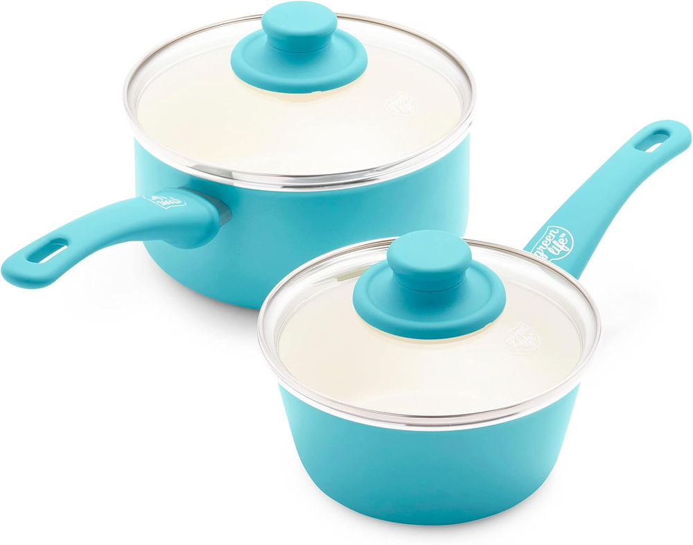 Soft Grip 1QT and 2QT Ceramic Nonstick Saucepan Set PFAS PFOA Free Healthy Cooking
