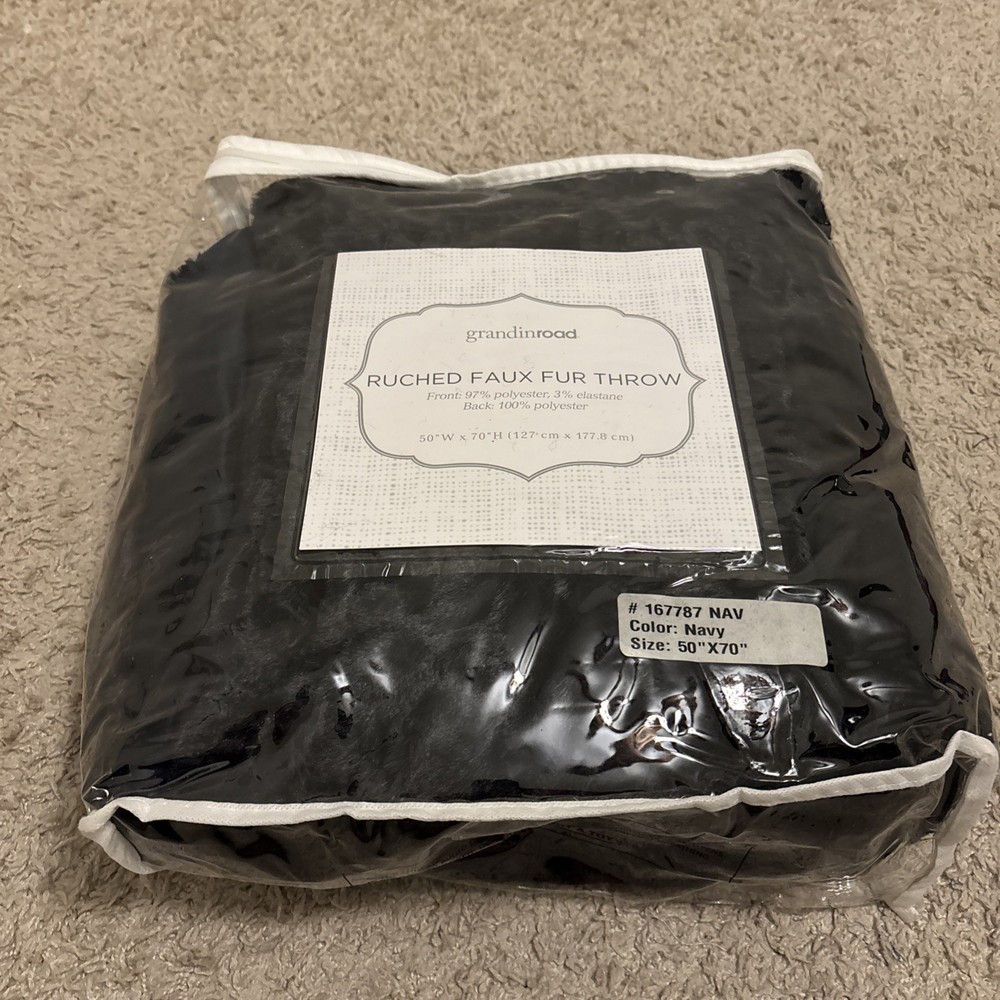 Grandinroad Navy Faux Fur Ruched Throw Blanket 50x70 Inches