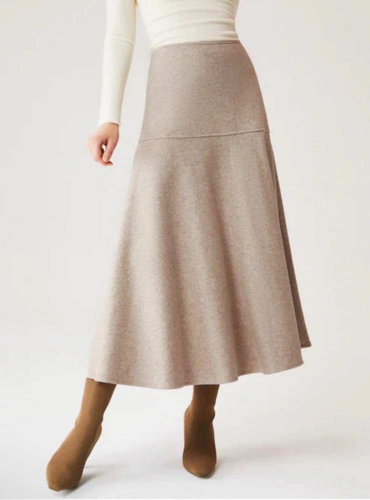 OGL Cashsoft Wool Like Flared Maxi Heather Oatmeal Beige Womens Size M NWT