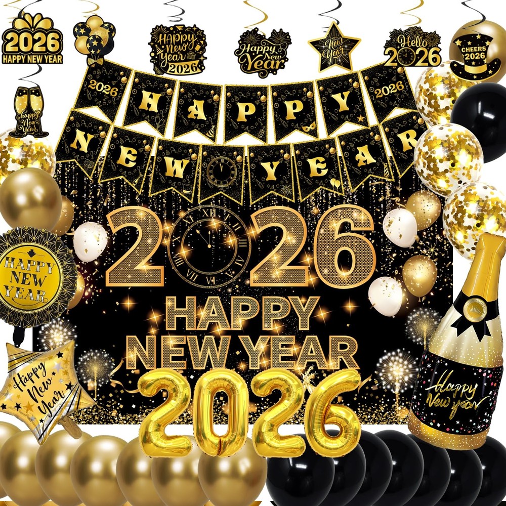 New Years Eve Party Supplies 2026 with happy New Year Banner,Backdrop,Balloon...-image