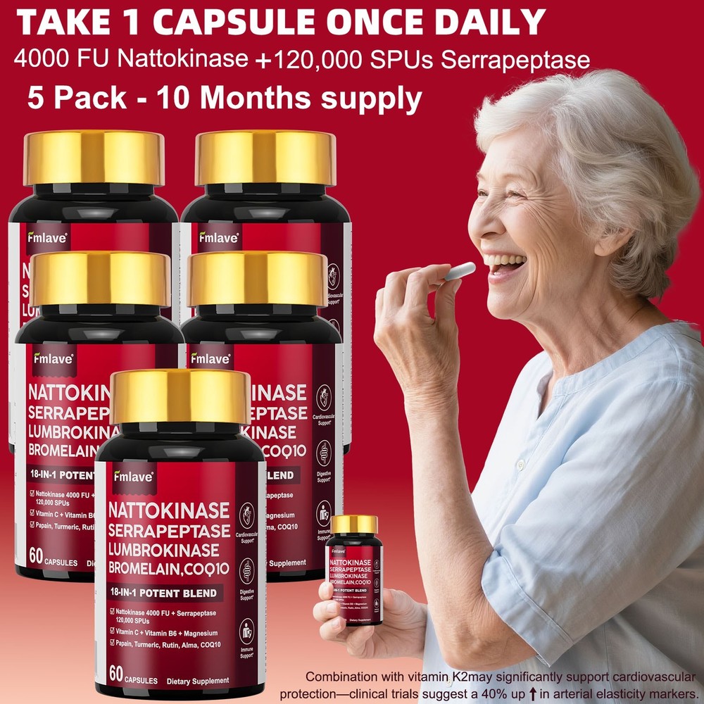 5 Pack Nattokinase Supplement 4000 FU 300 Capsules Non-Gmo, Gluten Free Exp 2027