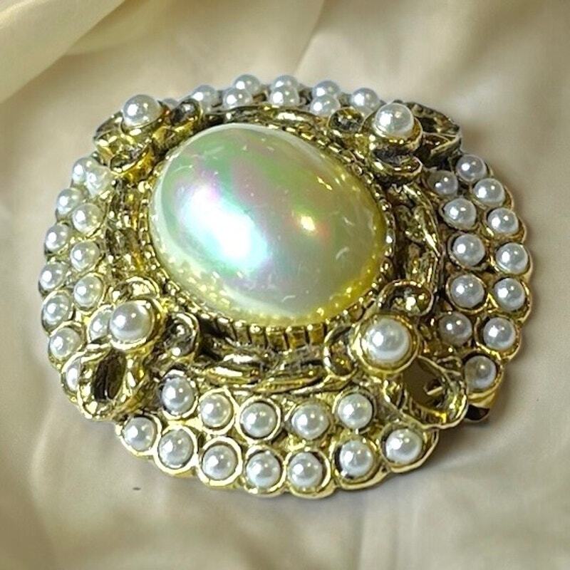 Vintage Faux Pearl Brooch Gold Tone Victorian Style Regal Unsigned