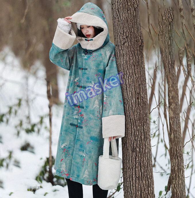 New Chinese Style Printed Coat Womens Winter Hooded Loose Button Plush Overcoats