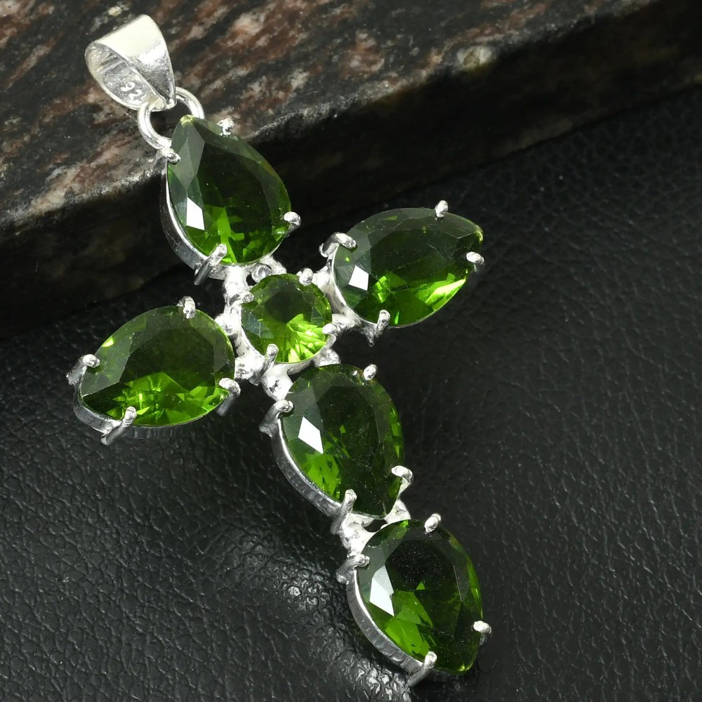 Peridot Gemstone Handmade Cross Pendant Jewelry Gift For Unisex 2.6
