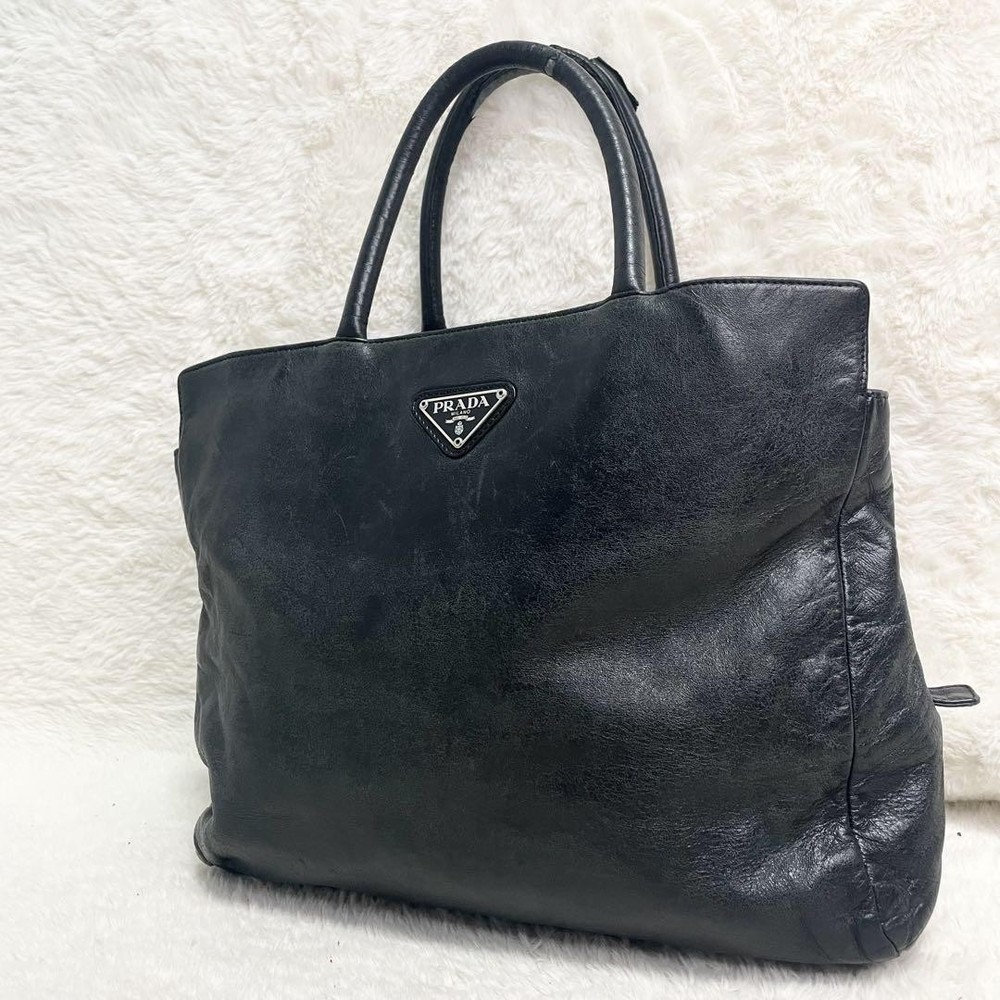 Prada Black Leather Tote Bag with Triangle Logo Large Capacity Multifunctional