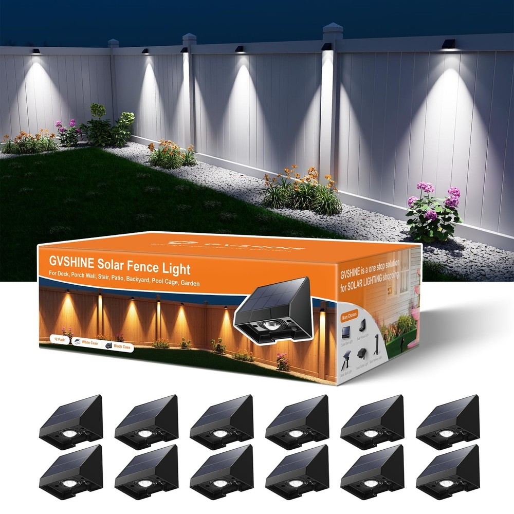 12 Pack Solar Fence Lights Outdoor Waterproof Cool White LED Garden Decor