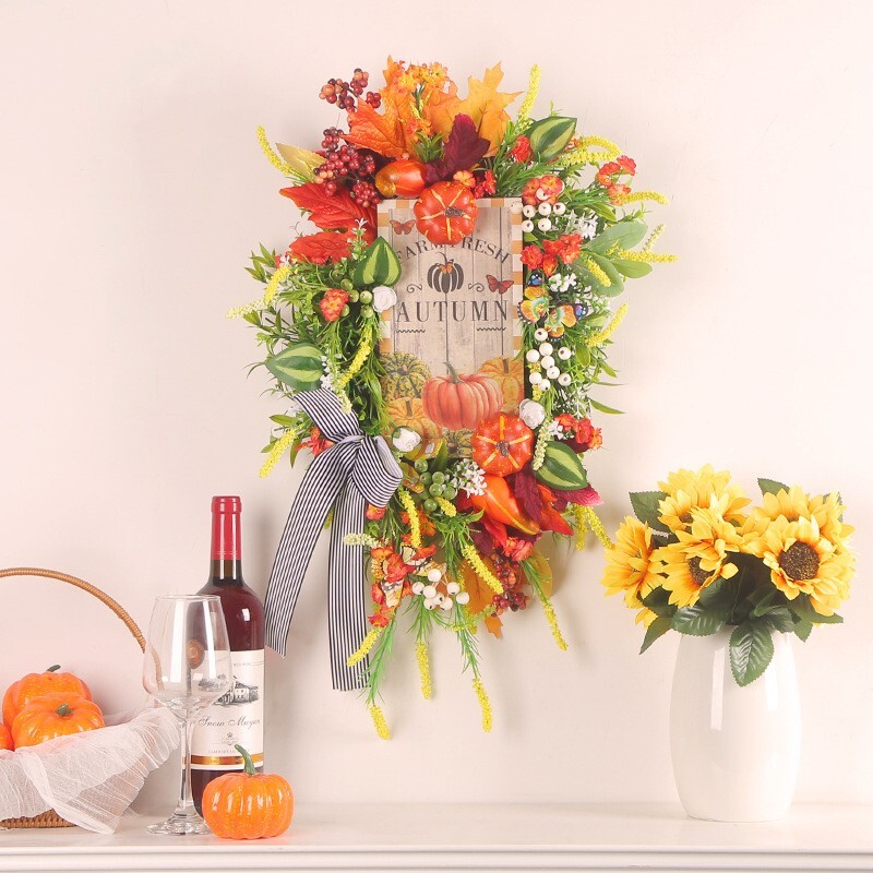 Artificial Autumn Wreath for Front Door or Porch, Multicolor Pumpkin