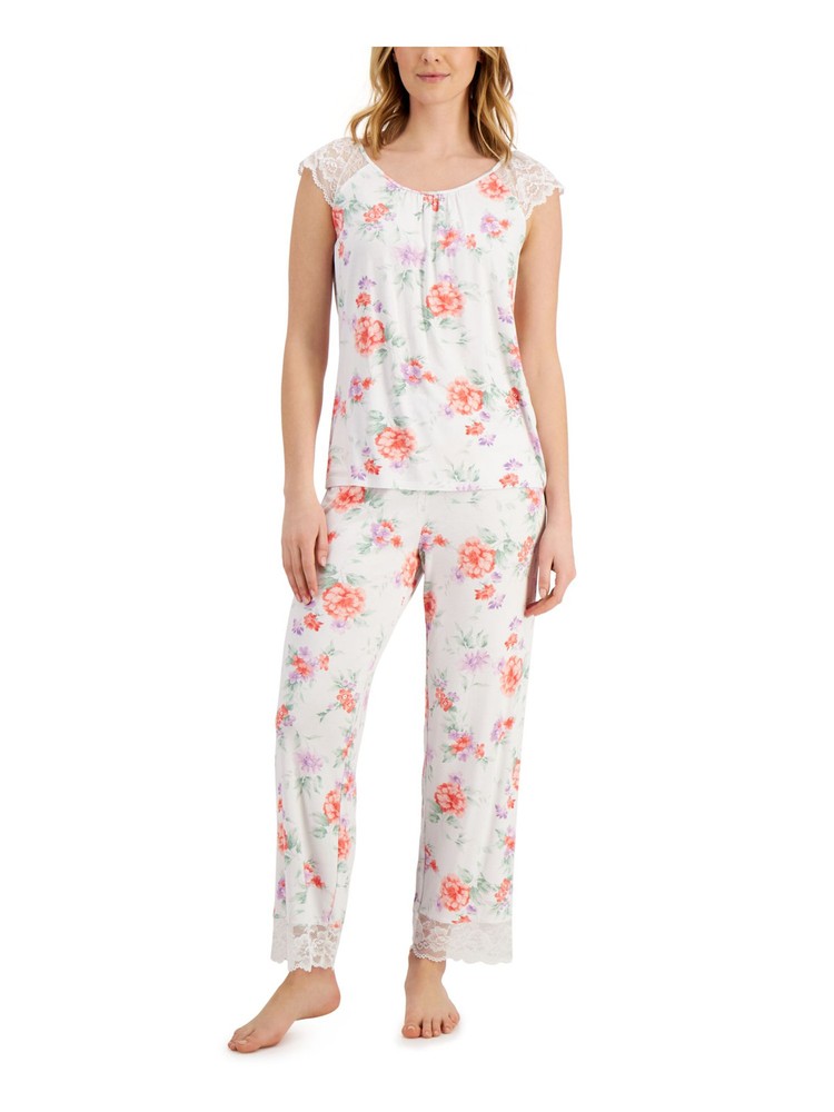 CHARTER CLUB Womens White Lace T-Shirt Straight leg Pants Stretch Pajamas L