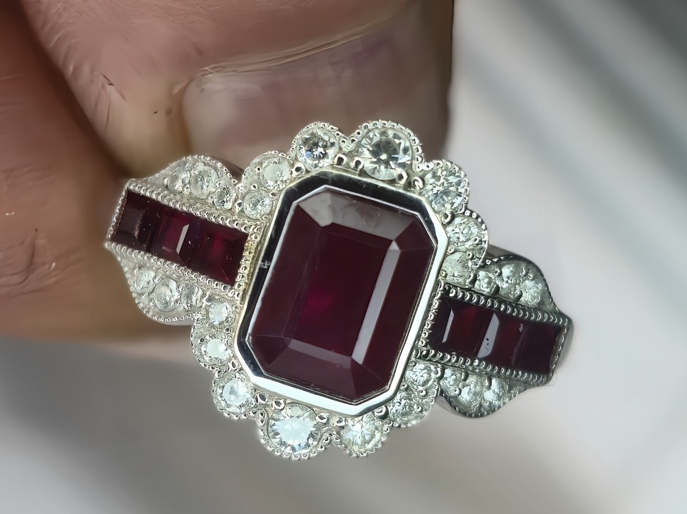 Natural Ruby & Diamond Ring In 14ct White Gold  + Valuation