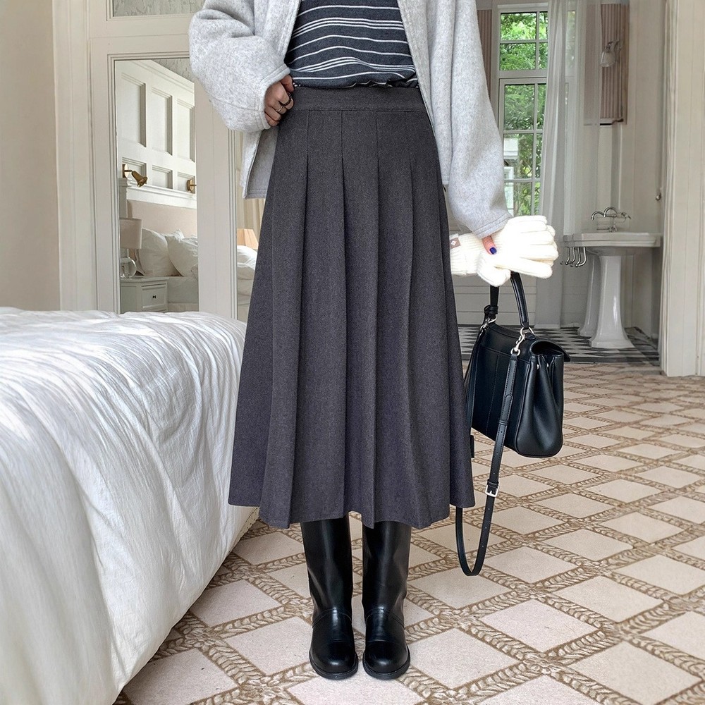 Women's Woolen Pleated Skirt Winter New Korean College Style A-line Long Skirts