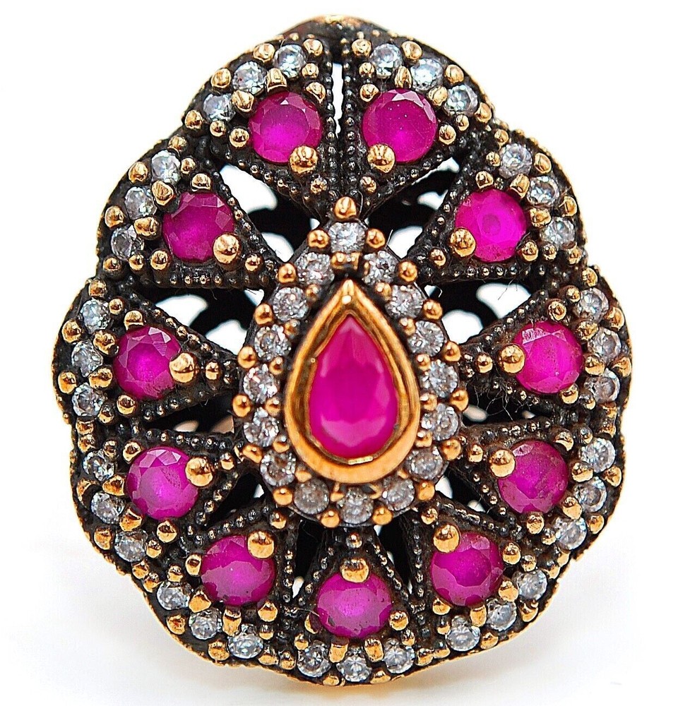 Exquisite Ottoman Empire Inspired 3CT Treated Ruby 925 Sterling Silver Ring Size 7.5 H2-2