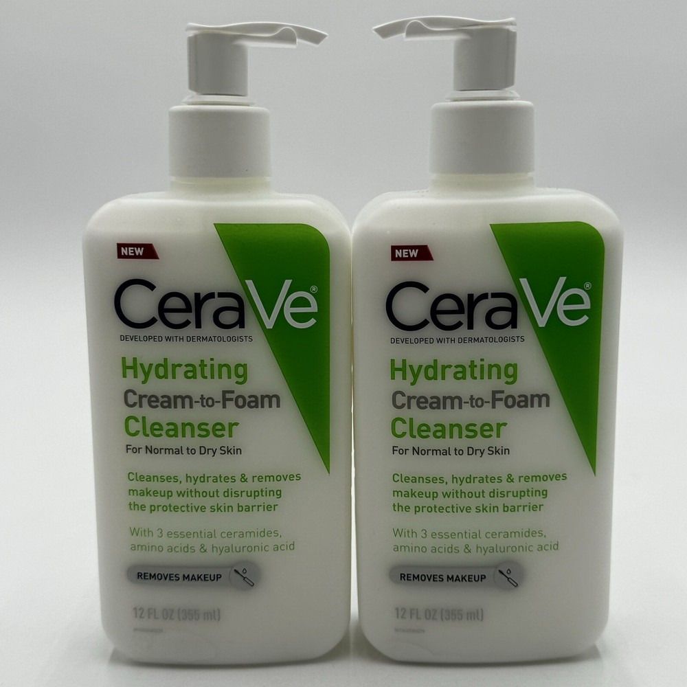 CeraVe Hydrating Cream to Foam Cleanser with Ceramides for Makeup Removal 12oz Twin Pack