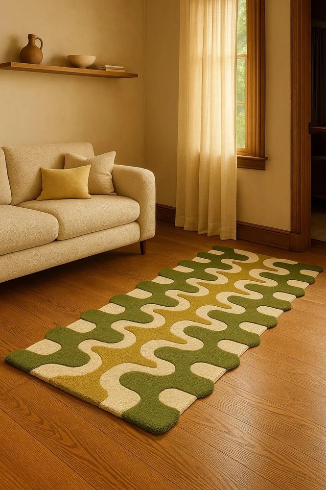 Hand Tufted Wool Runner Rug | Modern Wavy Green, Yellow, Cream