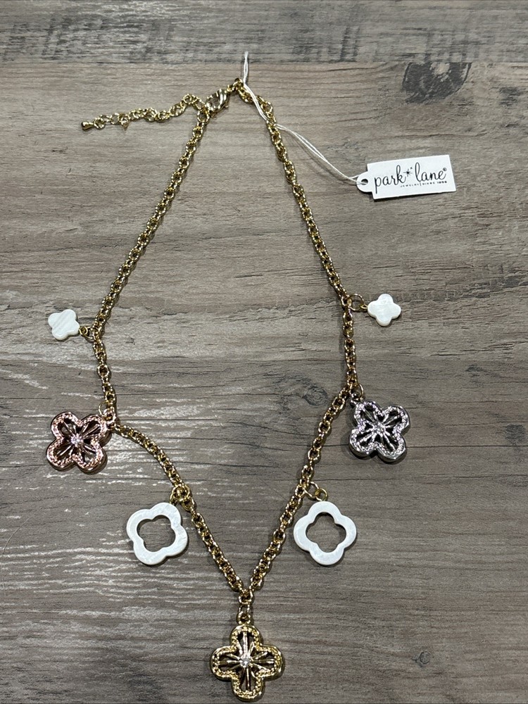 Elegant Park Lane Gold Tone Necklace with Silver Rose Gold Floral Accents  