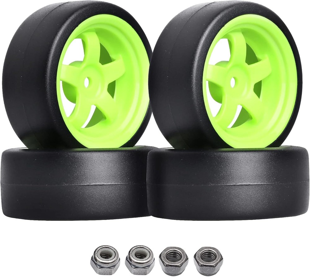 Hard Plastic 27mm RC Drift Car Tires & Wheel Rims Green 12mm Hex for 1/10th