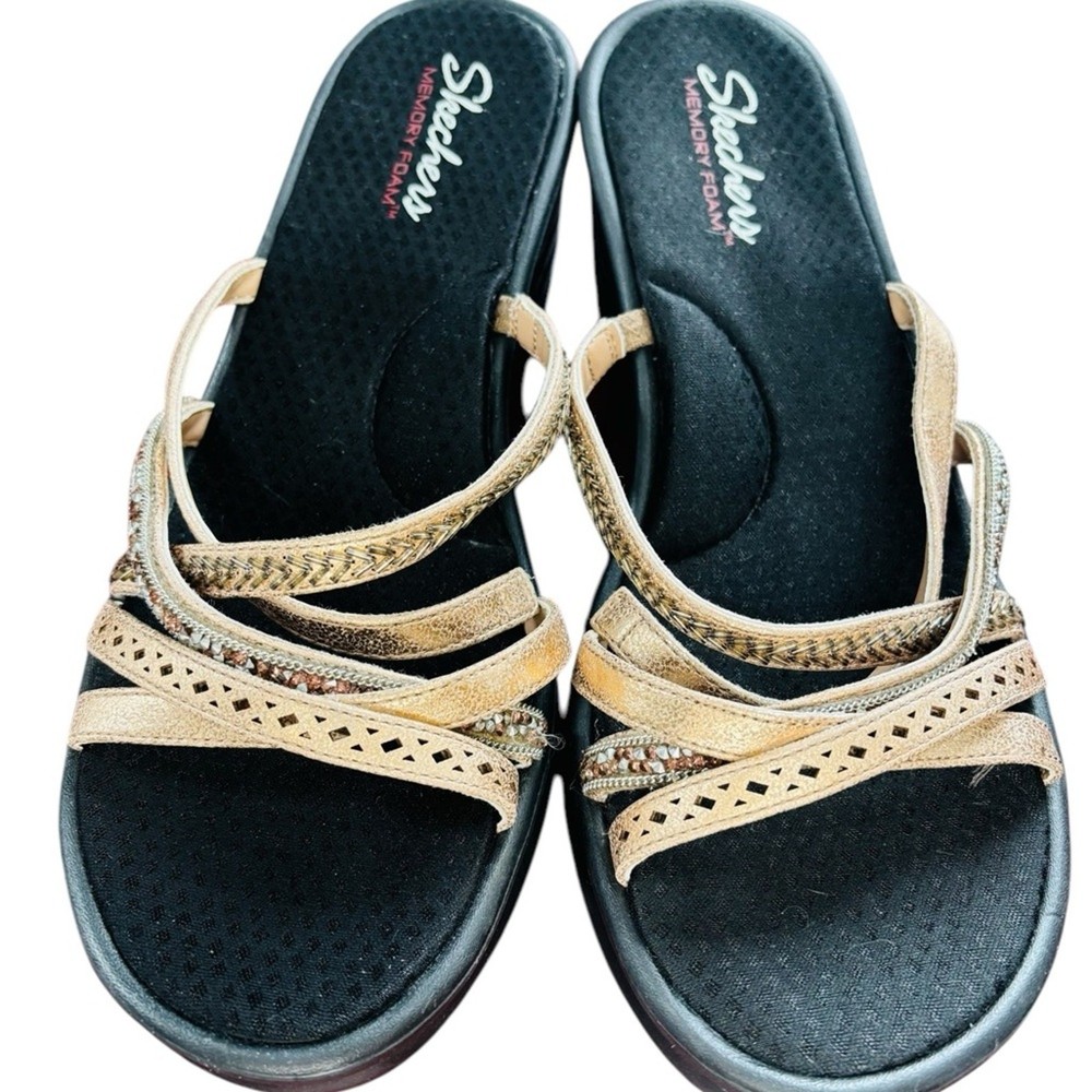 Skechers Memory Foam Jeweled Wedge Sandals in Tan Black Size 10