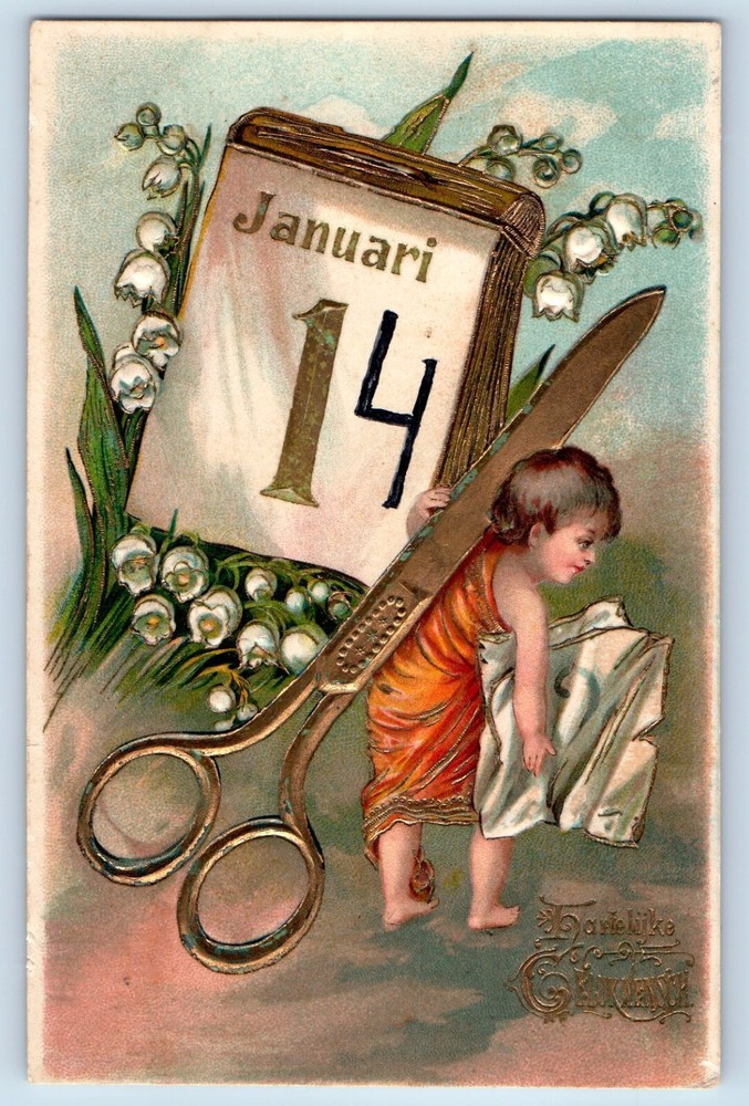 New Year Postcard Little Boy Carried Big Scissor Calendar Flowers Embossed c1910-image