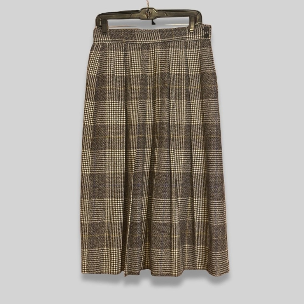 Evan-Picone Vtg Wool Plaid Pleated Midi Skirt Gray Black 14 Union Made in USA