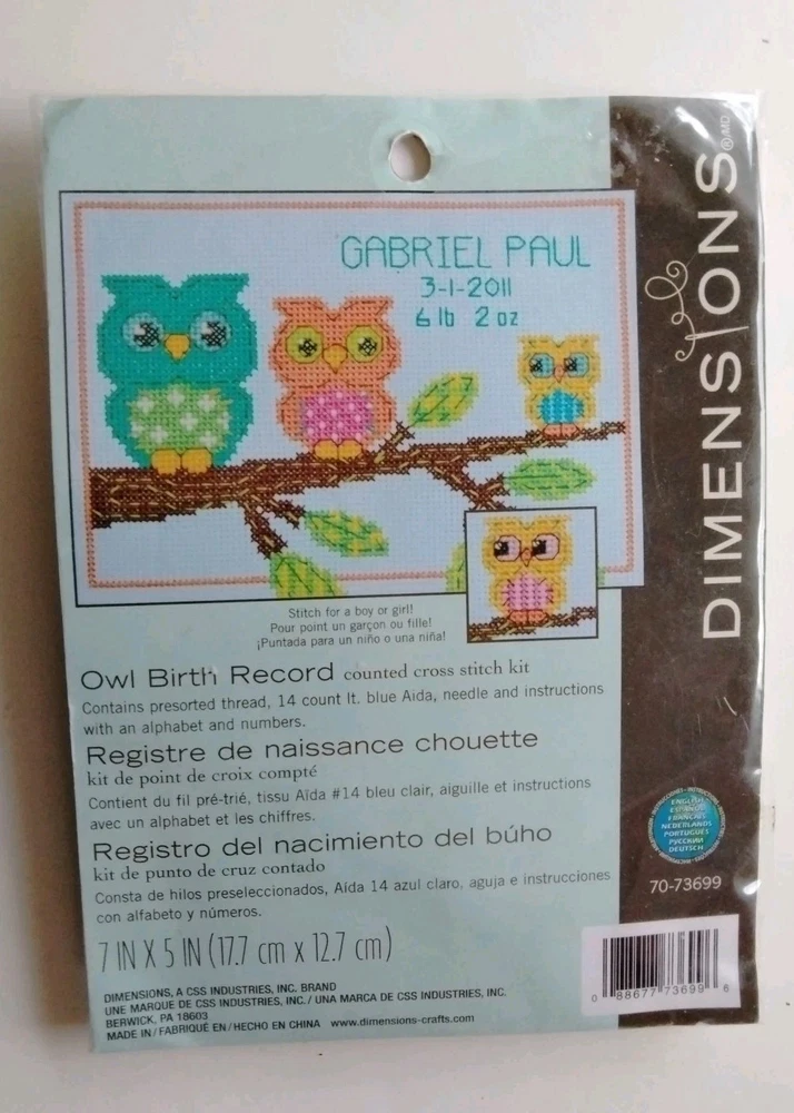 Owl Mini Birth Record Cross Stitch Kit by Dimensions Needlecrafts 050052