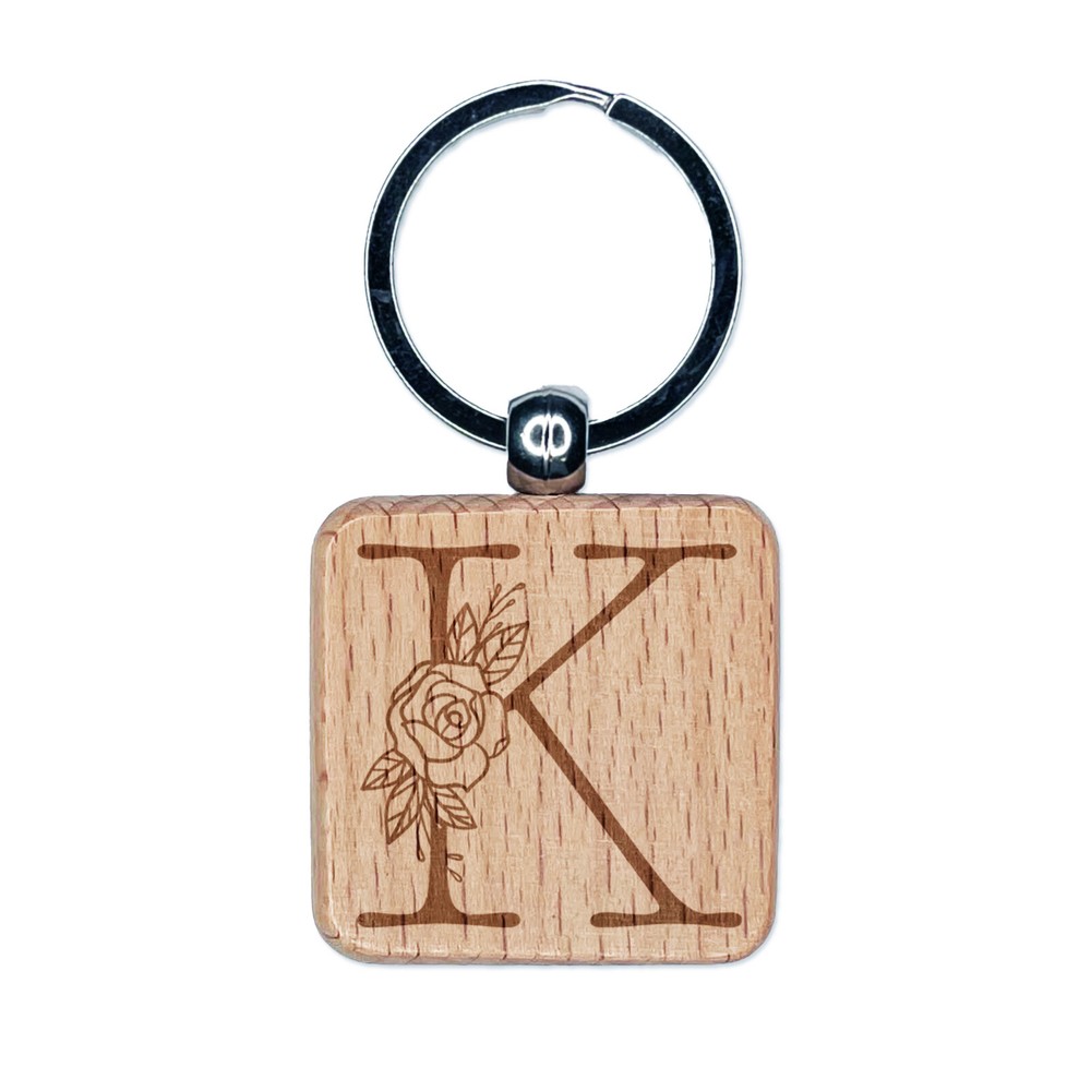 Engraved Wood Keychain with Rose Typewriter Font Capital Letter K