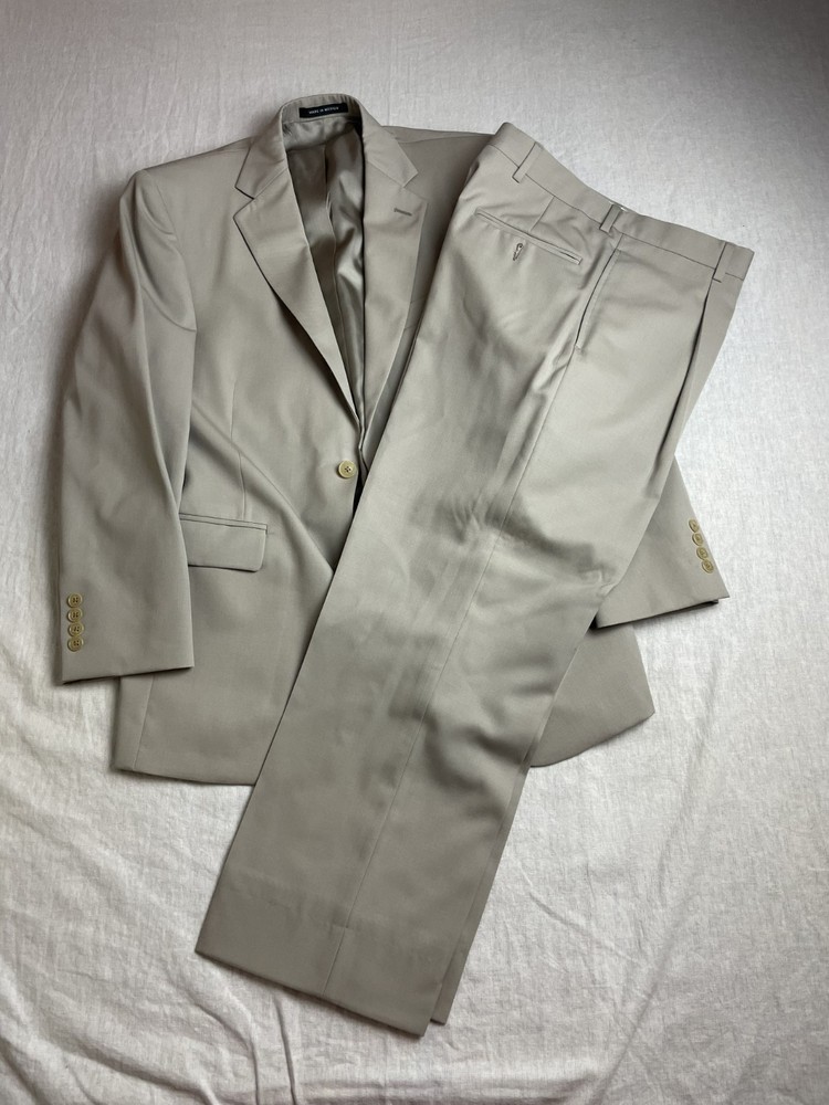Vintage 90s Perry Ellis Portfolio Beige Mens 38S-32W Worsted Wool Formal Suit