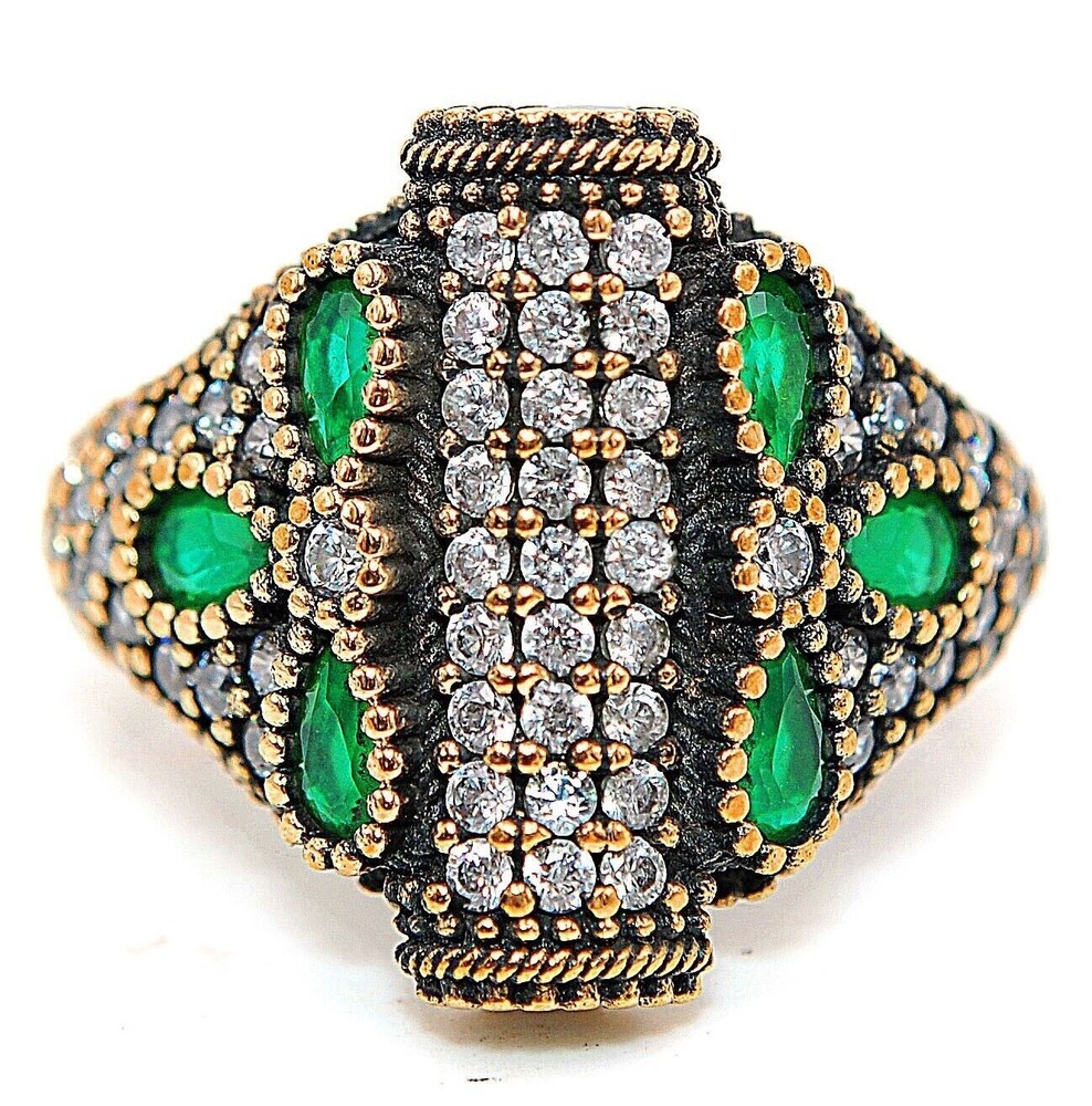 Ottoman Empire Inspired 3CT Treated Emerald 925 Sterling Silver Ring Size 7.5