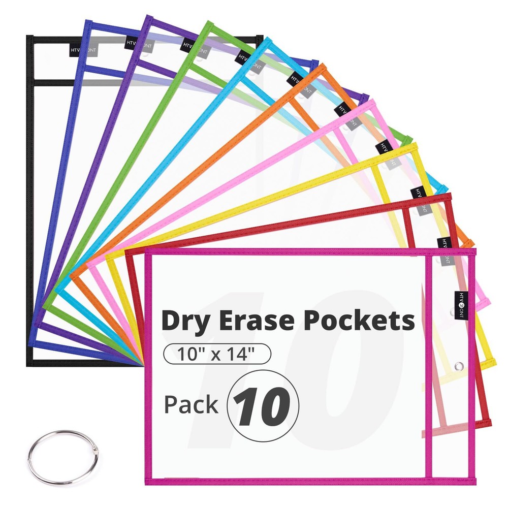 HTVRONT Dry Erase Pockets - 10 Packs Dry Erase Sleeves 10x14, Colorful Clear ...
