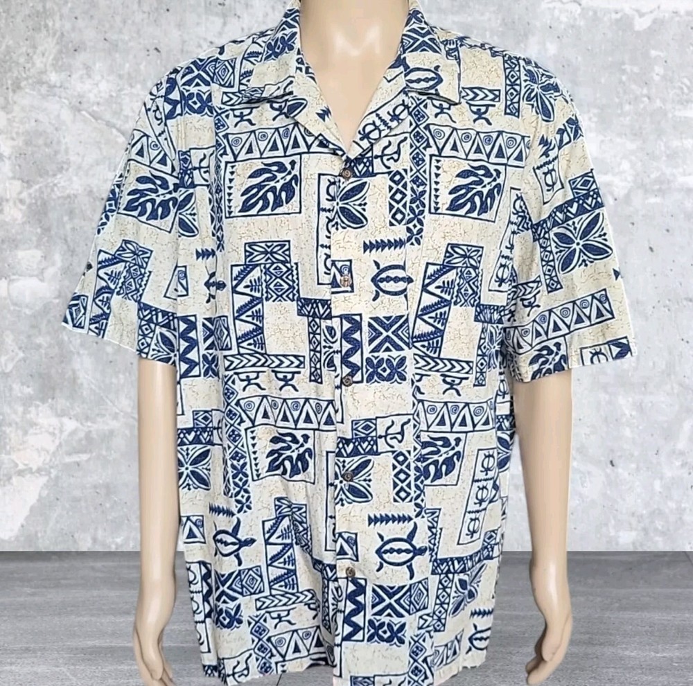 Tribal Southwestern Hawaiian Shirt Mens 2XL Blue Geometric Tropical Vintage USA