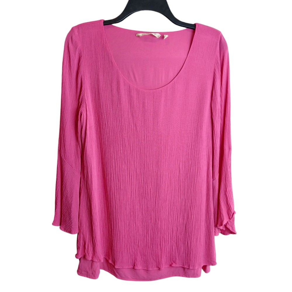 Soft Surroundings Bright Pink Gauze Lined Top Petite Medium 3/4 Flare Sleeves