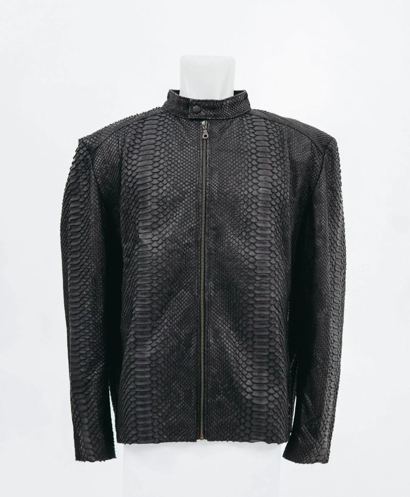 Men's Black Python Print Real Leather Bomber Jacket Snake Texture