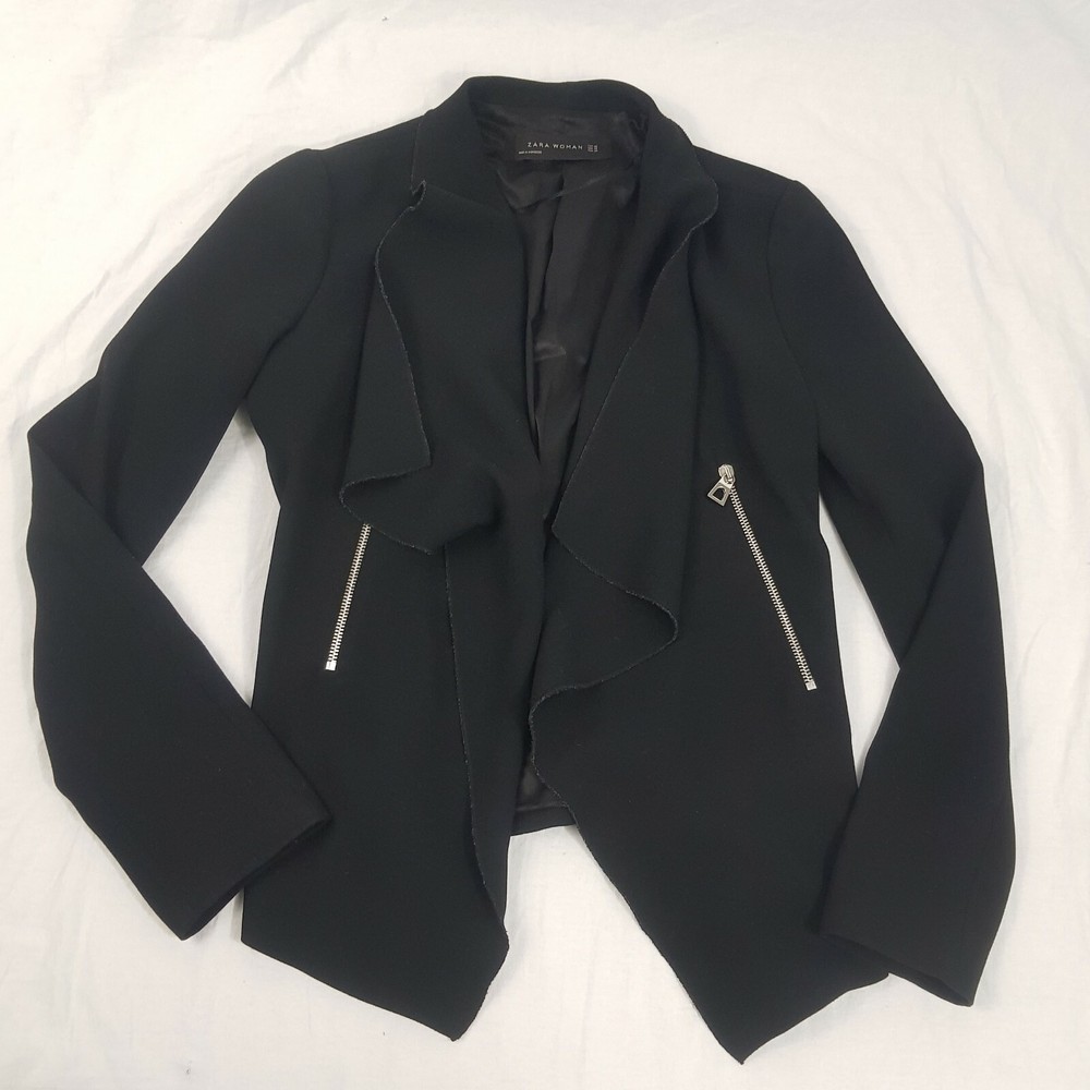 Zara Black Zip Pocket Blazer Jacket Waterfall Open Front Rough Edge Size XS